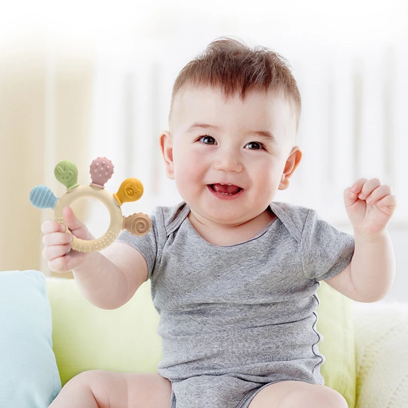 Baby Products Best - Neuer Handgefertigter Mehrfarbiger Silikon-Babyring-Beißring, Angstlinderndes Beißspielzeug